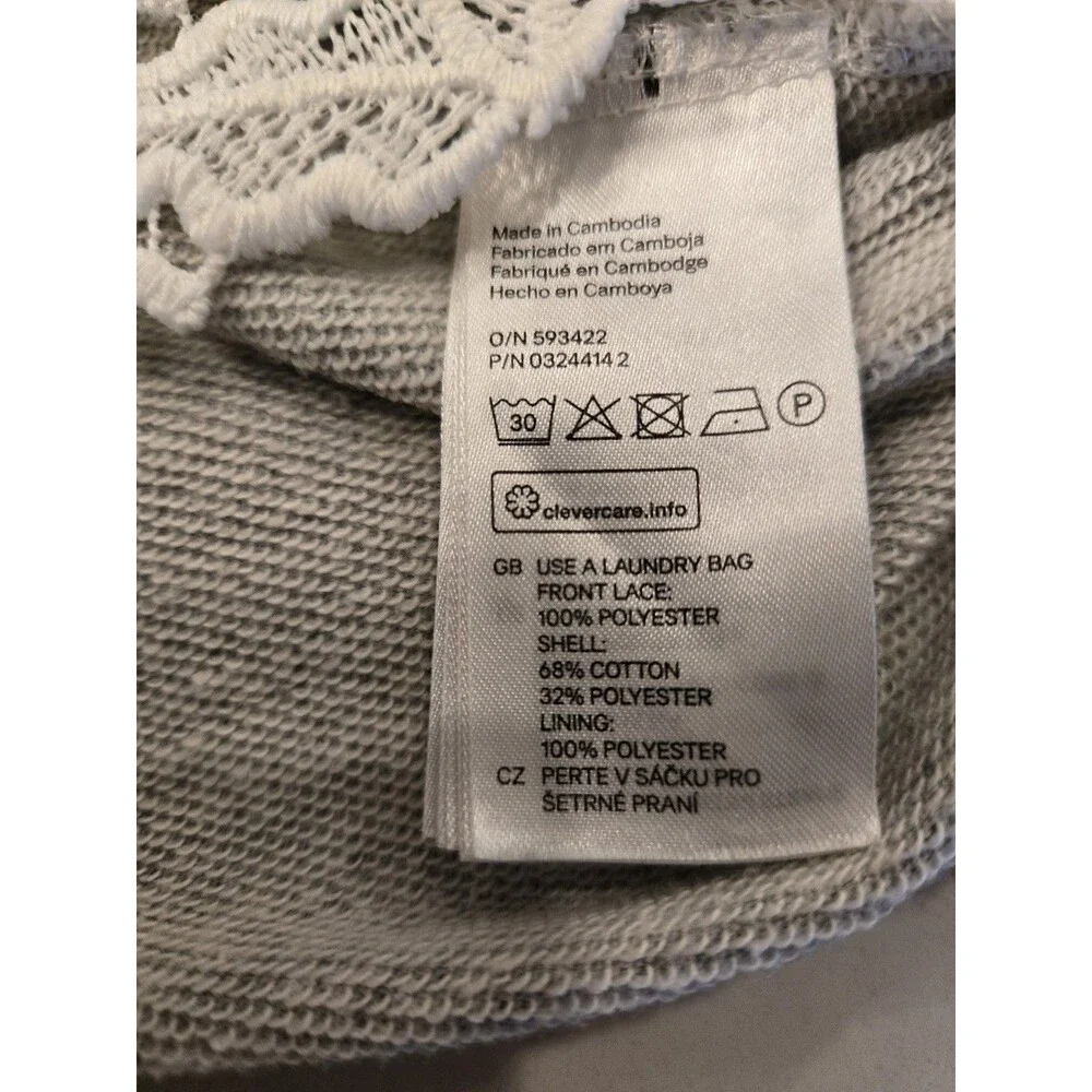 ​H&M Divided Grey Sweatshirt M White Floral Lace Overlay Raglan Pullover Crochet